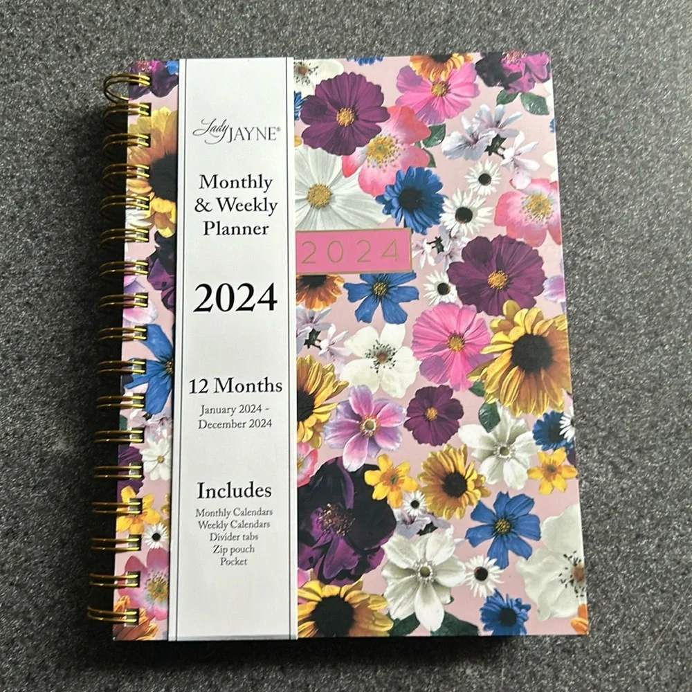 New. 2024, 12 month monthly and weekly planner. Floral pattern